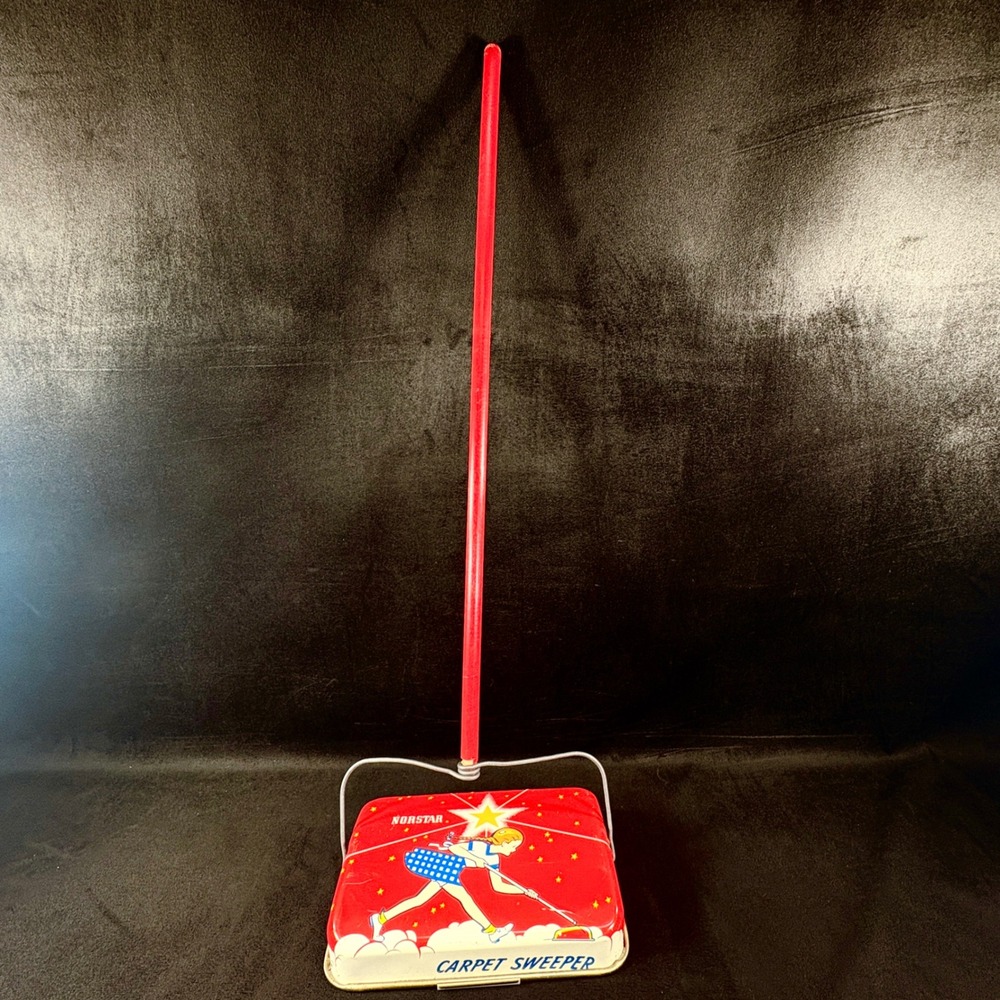 Vintage Norstar‎ Carpet Sweeper Toy Metal Girl Sweeping Graphic Stars Retro